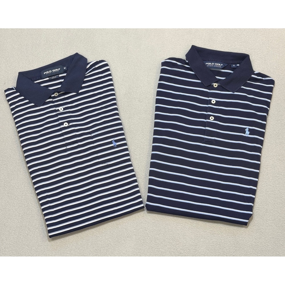 POLO GOLF RALPH LAUREN Striped Pima Cotton Polo Shirts Mens M Navy Blue Lot of 2